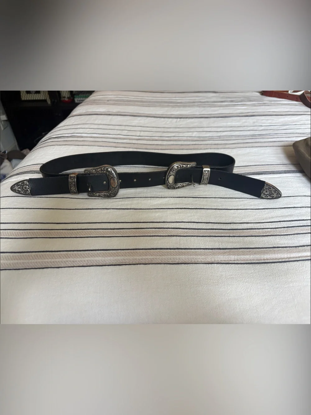Black Leather Double Buckle Western Belt with Silver Detail